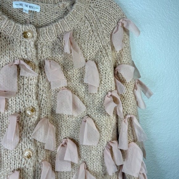 Free the Roses‎ Womens Cardigan Sweater Small Knit Tulle Ribbon Embellished - Picture 5 of 6